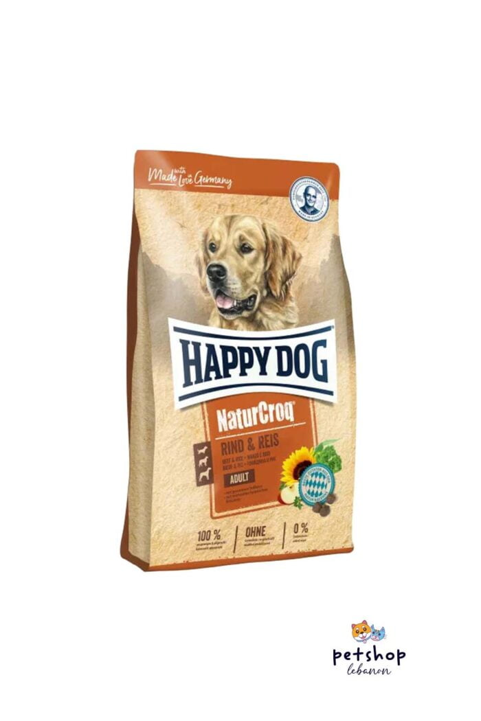 Happy Dog NaturCroq Beef & Rice dry dog food with local beef, easily digestible rice, and healthy local whole grain from PetShopLebanon.Com the best pet online Pet Shop in Lebanon