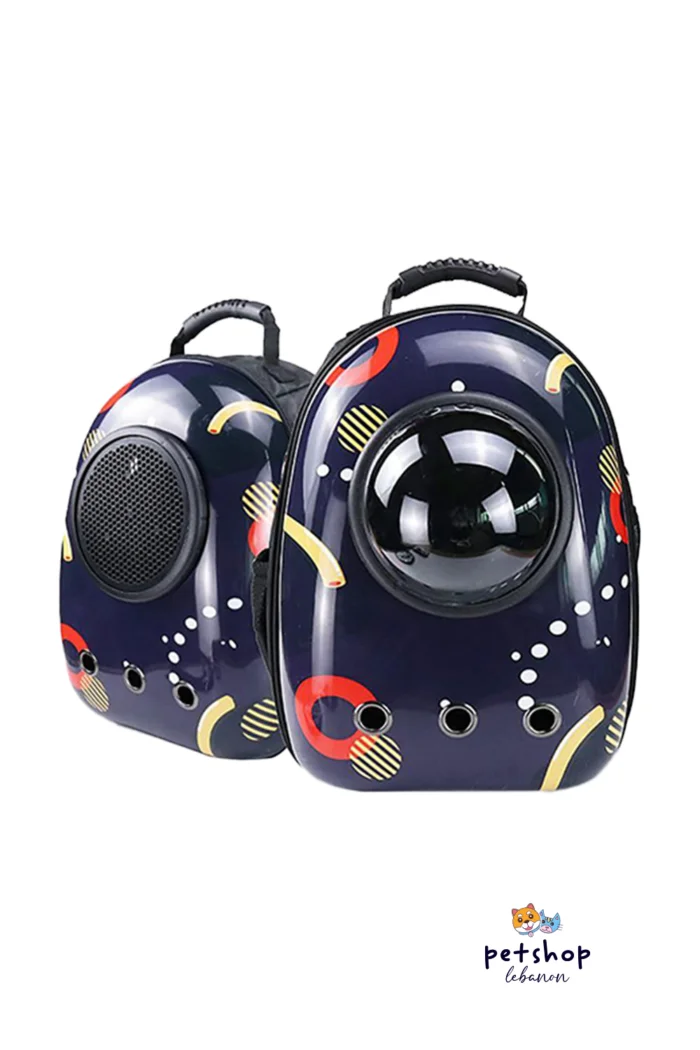 modern dark blue cat backpack carrier with colored circles pattern - Comfortable and adjustable carrier for outdoor adventures