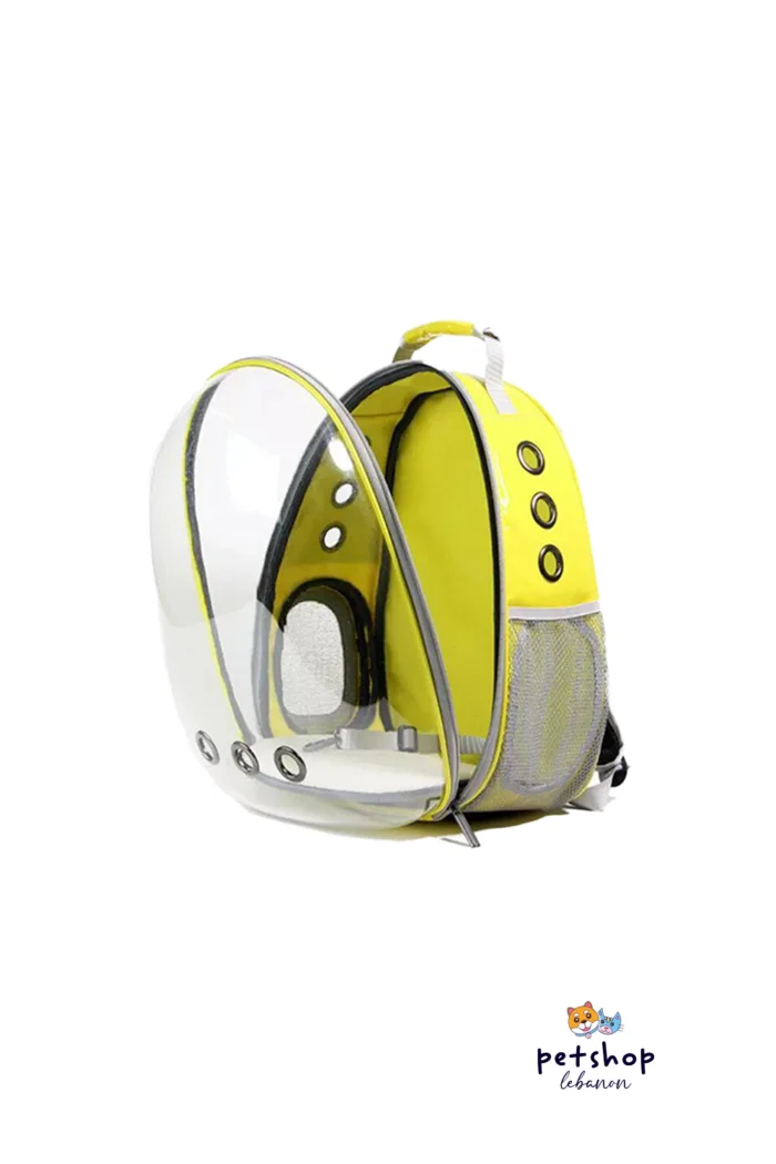 yellow cat backpack carrier- transparent wide front from PetShopLebanon.com the best pet shop in Lebanon