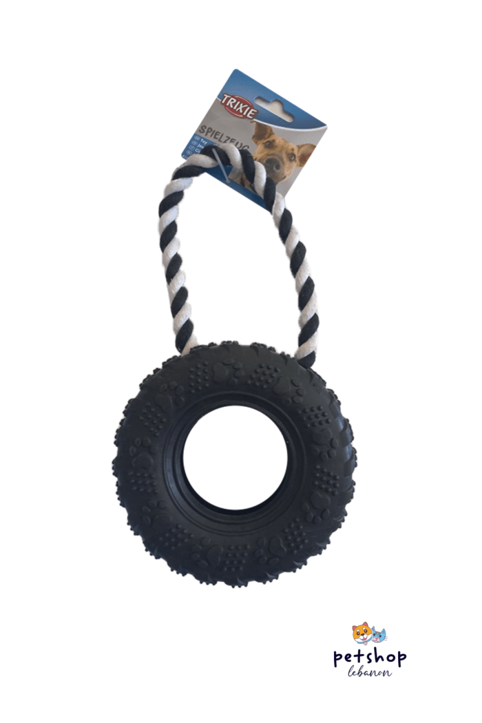 Trixie tire on a rope natural rubber 15x31cm - dog toy - chew toy - tire toy - from PetShopLebanom.com - the best pet shop in Lebanon