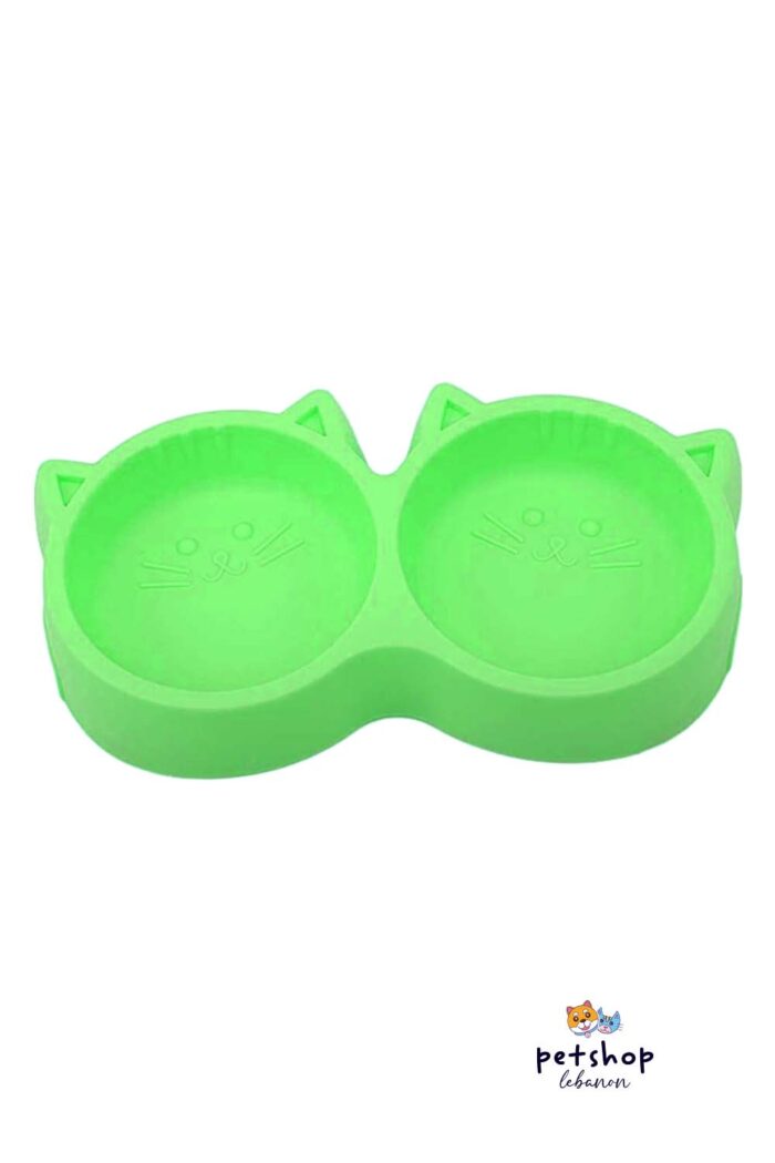 PetSociety - Plastic Cat Face doube food plate Green - cats-from-PetShopLebanon.Com-best-Online-Pet-Shop-in-Lebanon